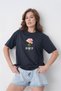 Women's Summer Style Love 1996 Written Pink Rose Printed Round Crew Neck Navy Blue Cotton T-Shirt - 3