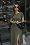 Women's Crew Neck Short Sleeve Side Slit Viscose Dress - 2