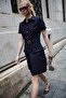 Button Detailed Belted Mini Dress Navy Blue - 5