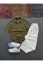 Raporlu Ottoman Brown Half-Zip Tshirt - White Pants Set - 2