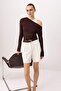 Brown Fitted Asymmetrical Collar Long Sleeve Cotton Rib Knit Blouse Twoss26Bz00742