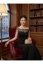 Women's Long Imported Crepe Dress with Lace Detail on the Chest and Neck, Boat Neck Look - 4