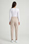 Beige High Waist Double Button Pockets Carrot Cut Pleated Women's Trousers - 6