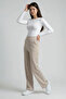 Beige High Waist Women's Palazzo Trousers with Pockets - 6