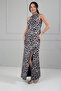 Women's Stone Detailed Halter Neck Leopard Patterned Self-Tailored Midi Dress - 2