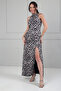 Women's Stone Detailed Halter Neck Leopard Patterned Self-Tailored Midi Dress