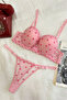 Women's Pink Heart Embroidered Padded Bra Set - Supportive Underwire Covered Lingerie Set - 3