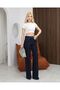 Women's Dark Navy Blue Stretch Fabric High Waist Wide Leg Palazzo Denim Jean Trousers - 4