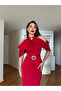 Women's Red Imported Summer Scuba Fabric Belted Tassel Brooch Detail Lined Design Dress