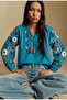 Women's Light Blue Embroidered Cotton Blouse with Tassels on the Collar and Elastic Cuffs - 3