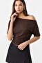 Coffee Asymmetrical Gathered Waist Fitted 97% Cotton Short Sleeve Blouse - 2