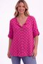 Women's Italian Fuchsia Polka Dot Patterned Button Detailed 3/4 Sleeve Loose 100% Cotton Blouse Tunic