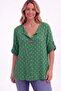 Women's Italian Green Polka Dot Patterned Button Detailed 3/4 Sleeve Loose 100% Cotton Blouse Tunic