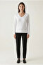 Women's White 100% Cotton V-Neck Long Sleeve Basic T-Shirt Regular Fit - 2