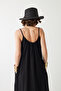 Women's Drawstring Collar Strap Long Dress Black – Pocketed , Ruffled Designs, Comfortable Cut, Summer Wear Lightweight Textured - 7