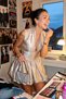 Metallic Metallized Lame Fabric Pocket Balloon Skirt Back Low Cut V Neck Night Party Invitation Evening Dress - 3