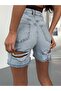 Women's High Waist Ripped Detailed Bermuda Denim Shorts - 2