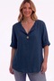 Women's Italian Navy Blue Button Detailed 3/4 Sleeve Oversize Loose 100% Cotton Blouse Tunic