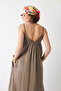 Women's Drawstring Collar Strap Long Dress Mink – Pocketed , Ruffled Design, Comfortable Cut, Summer Wear Lightweight Textured - 6