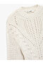 Long Sleeve Lace-Like Knit Crew Neck Textured Hair Knit Sweater - 5