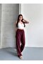 Women's Burgundy Textured Casual Pants with Elastic Waist - 4