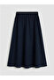 Modest Navy Blue Elastic Waist Linen Blend Flared Skirt - 2