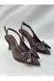 Ll2728 Satin Material, Special Design with Trockle Butterfly Bow, Galvanized Heel, Brown Shoes