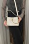Women's Beige Chain Accessory Detailed Hand and Shoulder Bag - Adjustable Long Strap, Daily Bag - 3