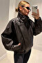 Viral Oversize Women's Leather Jacket High Collar Light Brown Urban Style Women's Leather Jacket - 6