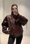Viral Oversize Women's Leather Jacket High Collar Burgundy Urban Style Women's Leather Jacket - 5