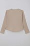 Girl's Long Sleeve T-Shirt with Heart Embroidery on Sleeves and Button Accessory Detail, Ages 9-14, Beige - 2