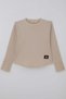 Girl's Long Sleeve T-Shirt with Heart Embroidery on Sleeves and Button Accessory Detail, Ages 9-14, Beige