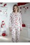 Ecru Color Red Heart & Teddy Bear Pattern Bow Detail Soft Women's Pajama Set - 4