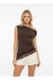Women's Boat Neck Asymmetrical Cut Lace Detail Design Slim Fit Modal Blouse 26001