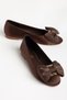 Women's Ballet Flats in Brown Shiny Satin with Bow and Metal Accessories