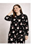 Women's Buttoned High Collar Pajama Set Rabbit Patterned Black Color 4 Season Tracksuit Set - 4