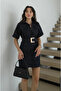 Navy Blue Square Belted Denim Dress - 0806 - 3