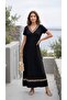 Women's V-Neck Short Sleeve Ethnic Pattern Stripe Detailed Long Viscose Dress - 3