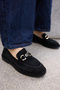 Selvero Women's Black Real Suede Buckle Detail Loafer Shoes - 7