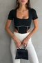 Short Sleeve Deep Neckline Contrast Piping Detailed Knitted Snap Fastening Bodysuit - 5