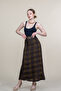 Women's Khaki Khaki Flared Plaid Pattern Skirt with Belt 6888 - 4