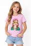 Girl's Pink Color Short Sleeve T-Shirt with Girl Pattern on the Front and Stones