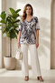 Women's Plus Size Lycra V-Neck Stone Patterned Short Sleeve Mom T-Shirt Combed Cotton Blouse