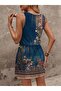 Women's Round Neck Strappy Waist Tie Patterned Mini Single Jersey Dress - 5