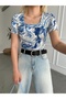 Women's Blue Cream Patterned Square Collar Lined Short Sleeve Viscose Elastane Blouse - 6