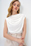 Ecru High Collar Shoulder Draped Sleeveless Sandy Blouse Alc-X10021 - 8