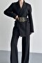 Women's Double Blazer Jacket and Palazzo Pants - 3 Belted Blazer Jacket with Gold Buckle Double Breasted Cut - 4