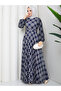 Digital Printed Plaid Patterned Navy Blue Pleated Dress