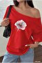 Flower Printed Oversize Women's Boat Neck T-Shirt