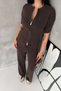 Women's Brown Knitwear Set Zippered Top High Waist Wide Leg Pants Bottom Top Set - 7